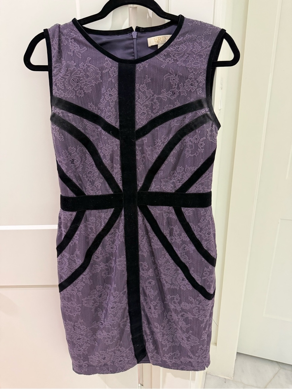 Sleeveless Lilac Lace Mini Dress with Black Velvet Trim